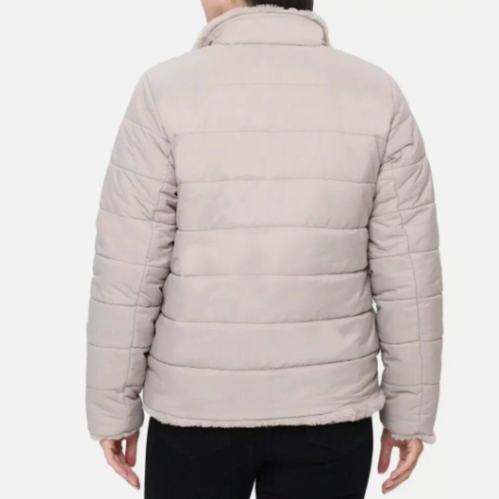 NWT Nicole Miller Reversible Faux Fur Puffer Jacket Tan Size Small - Picture 7 of 16